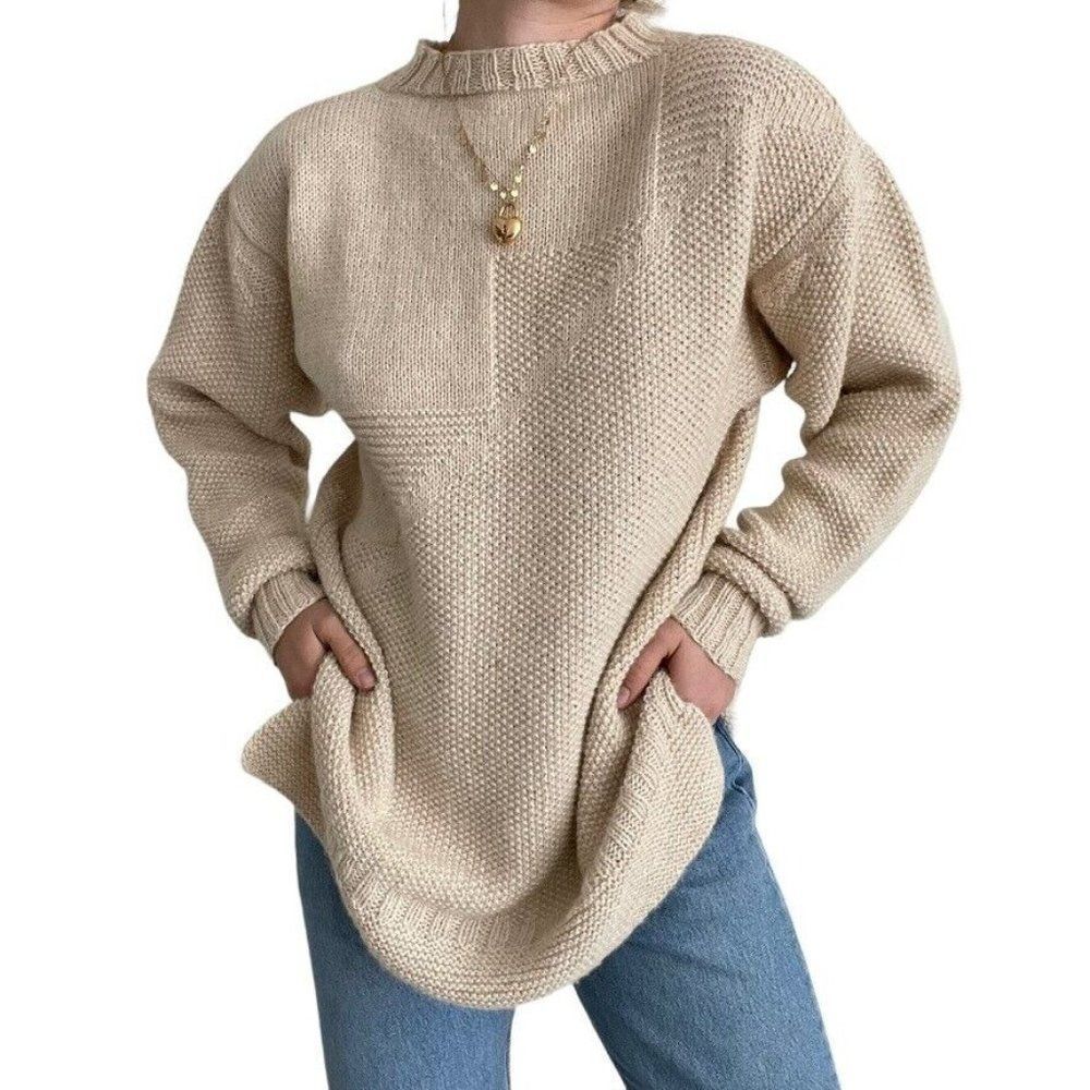 Vintage Womens Hand Knit Tan Beige Alpaca Oversized Soft Sweater Sz XL